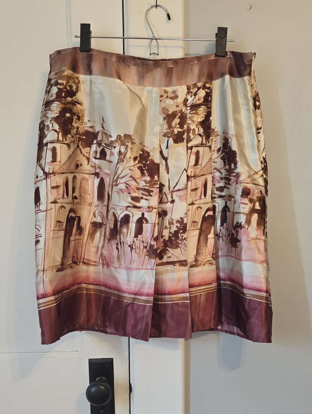 Vintage Pierre Cardin Womens Printed Satin Midi Skirt in Brown and Pink
